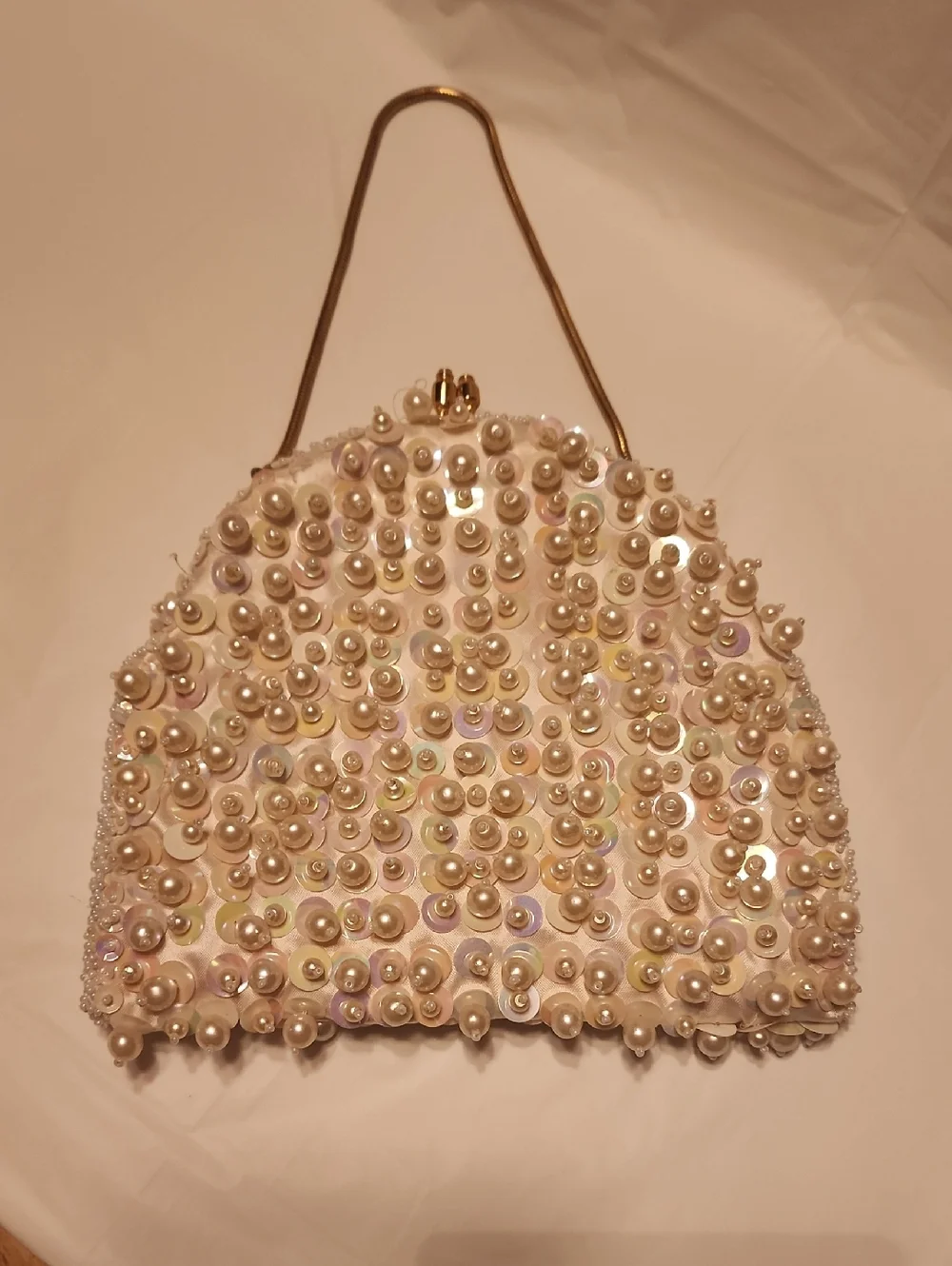 Vintage Pearl & Sequin White Evening Clutch with Gold Handle